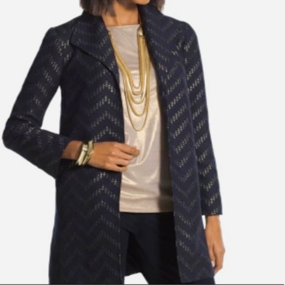 Chico's Collection Size 2 Large Navy Gold Chevron Stripe Open Front Jack…